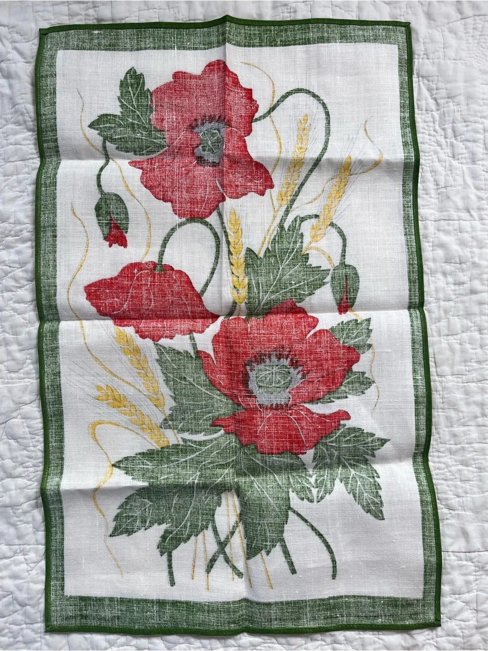 NEW Vtg Ulster Irish Linen Tea Towel Poppies & Corn Joan Wemyss Green Red Floral